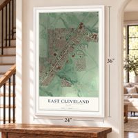 East Cleveland, Ohio map, 24 x 36 inch print in a white frame by a staircase