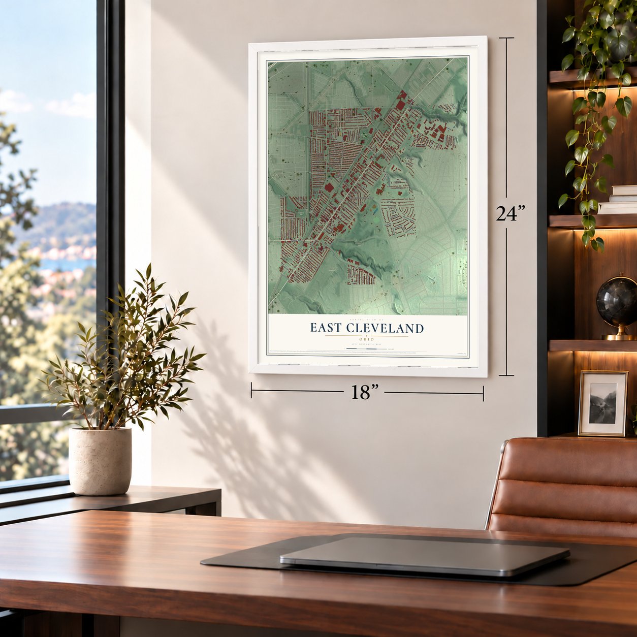 East Cleveland, Ohio map, 18 x 24 inch print in a white frame in a home office