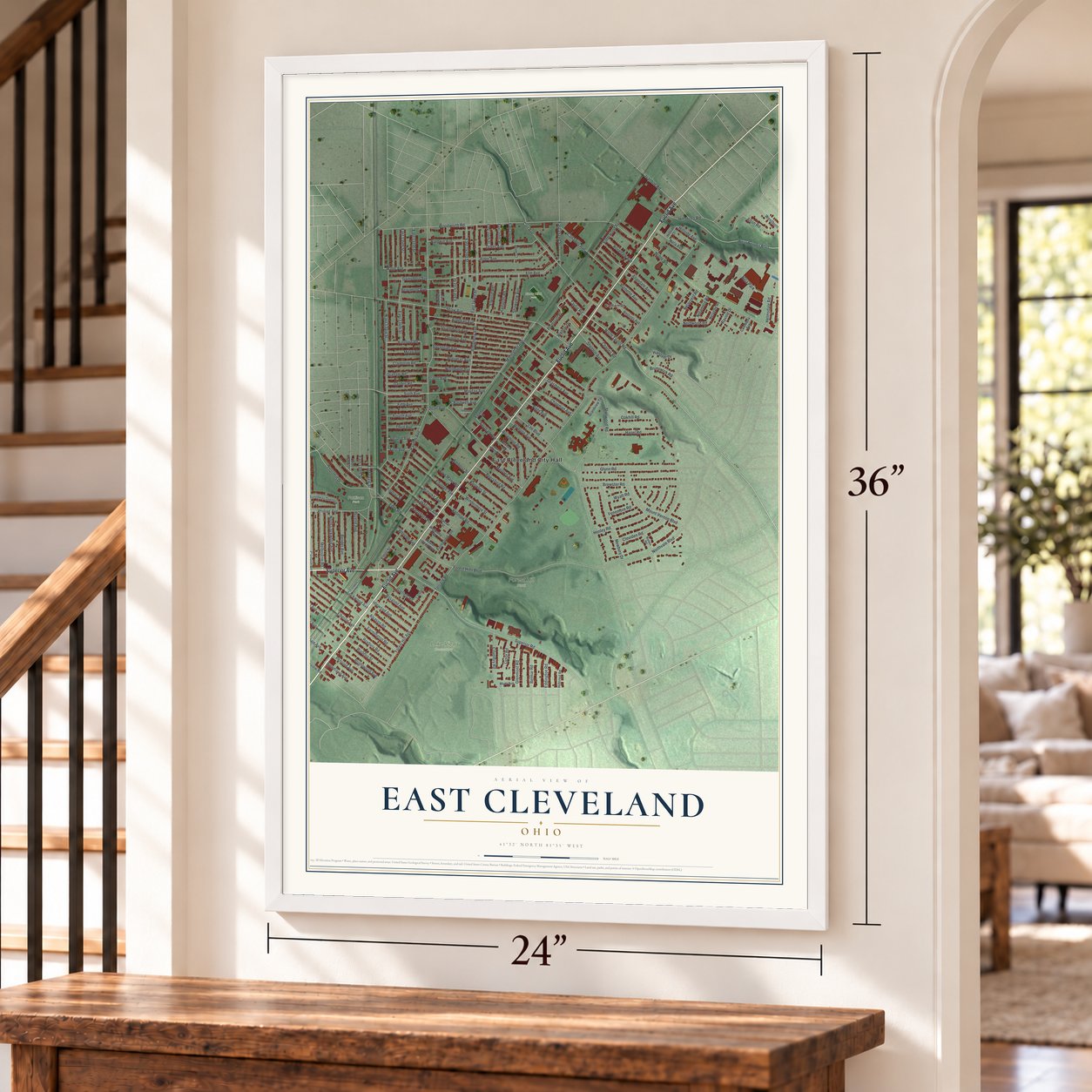 East Cleveland, Ohio map, 24 x 36 inch print in a white frame by a staircase