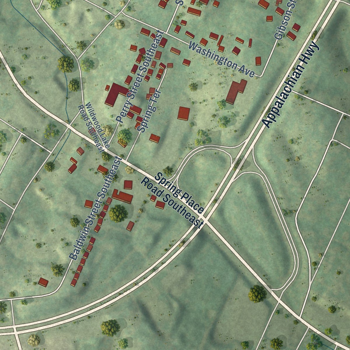 Second close-up of the map of East Cleveland, Tennessee print showing more streets and buildings
