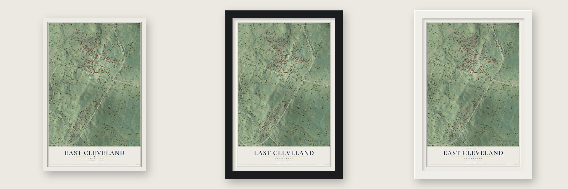 East Cleveland, Tennessee map unframed, in a black wood frame and in a white wood frame