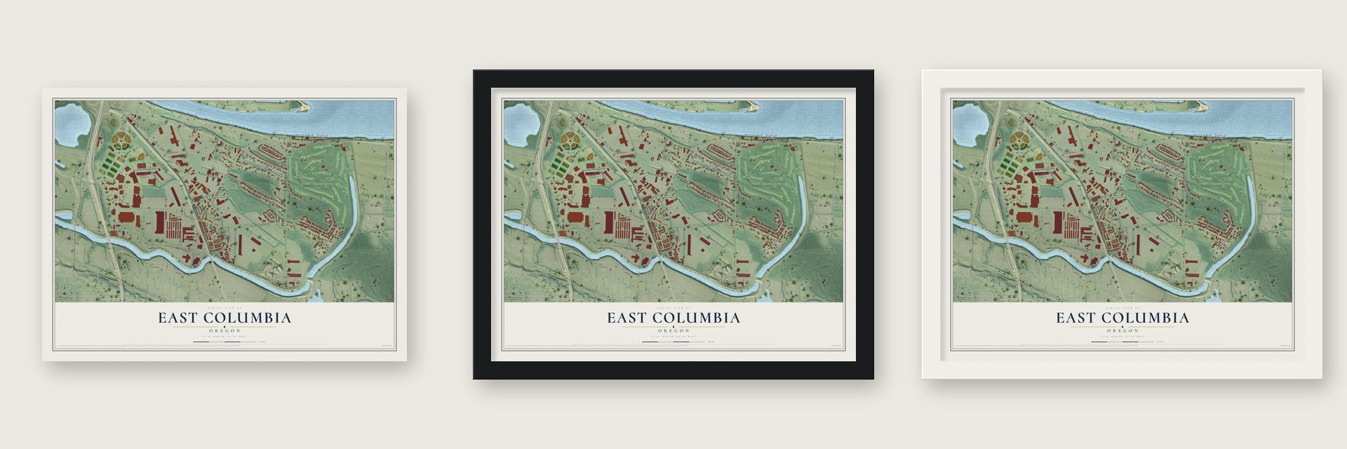 East Columbia, Oregon map unframed, in a black wood frame and in a white wood frame