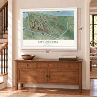 East Columbia, Oregon map, 24 x 36 inch print in a white frame above a dresser by a staircase