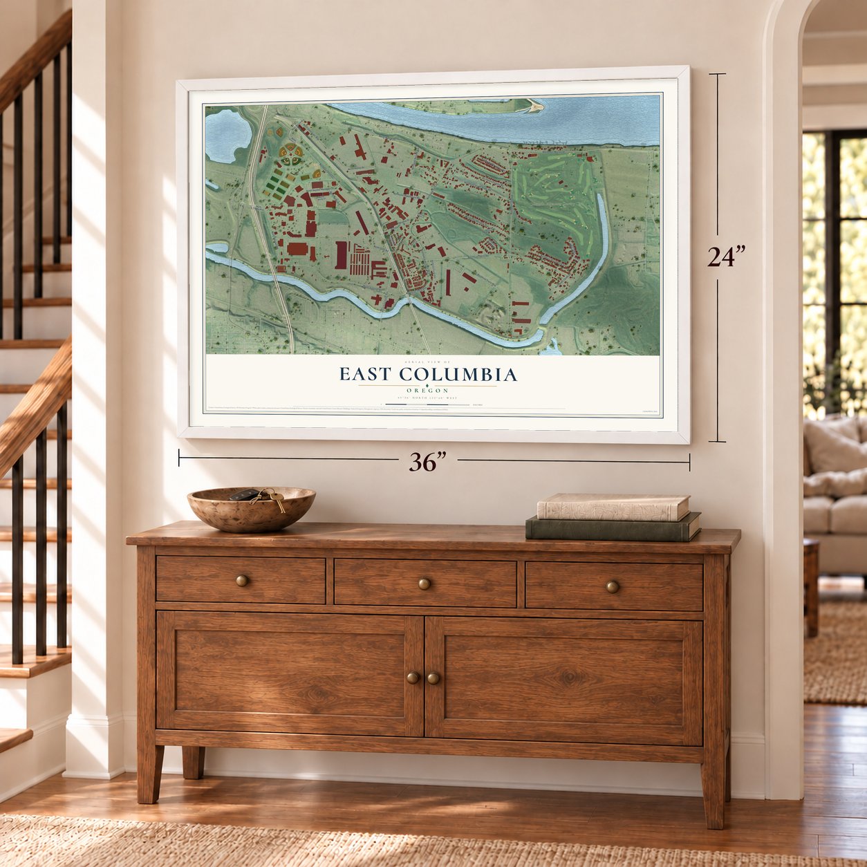 East Columbia, Oregon map, 24 x 36 inch print in a white frame above a dresser by a staircase