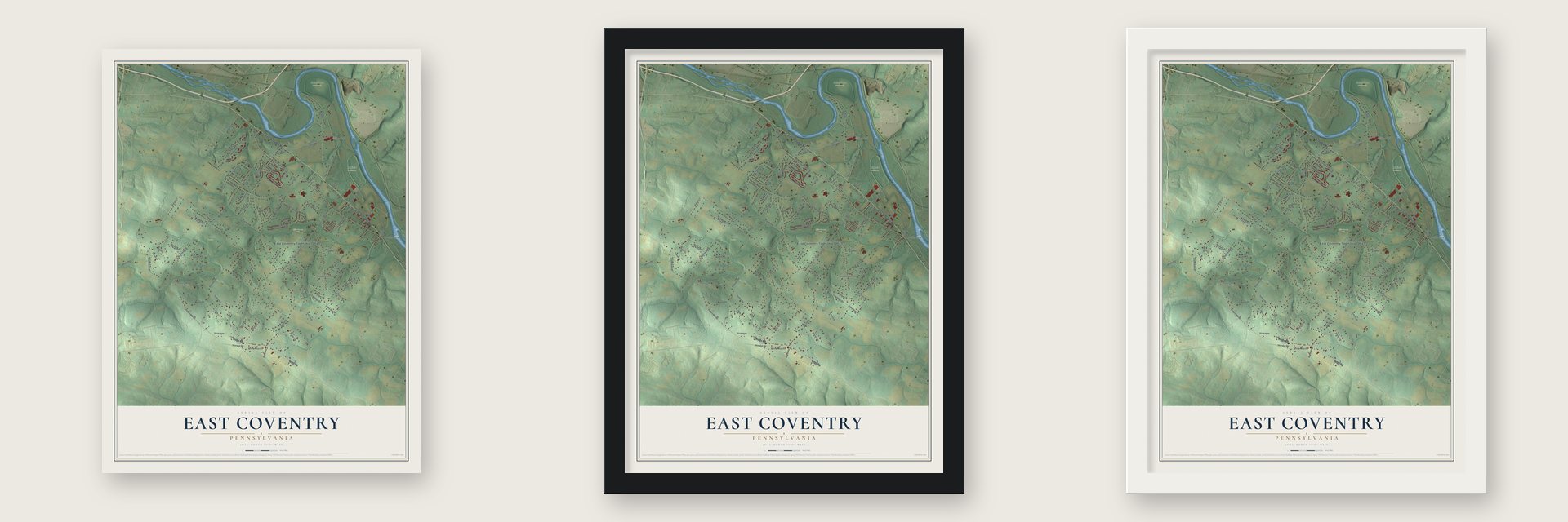 East Coventry, Pennsylvania map unframed, in a black wood frame and in a white wood frame