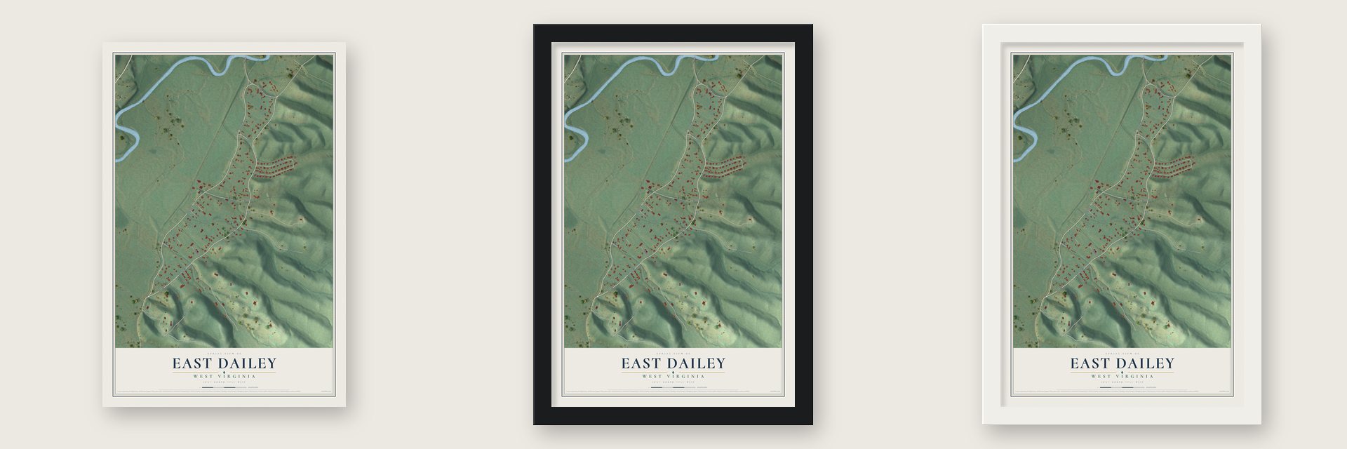 East Dailey, West Virginia map unframed, in a black wood frame and in a white wood frame