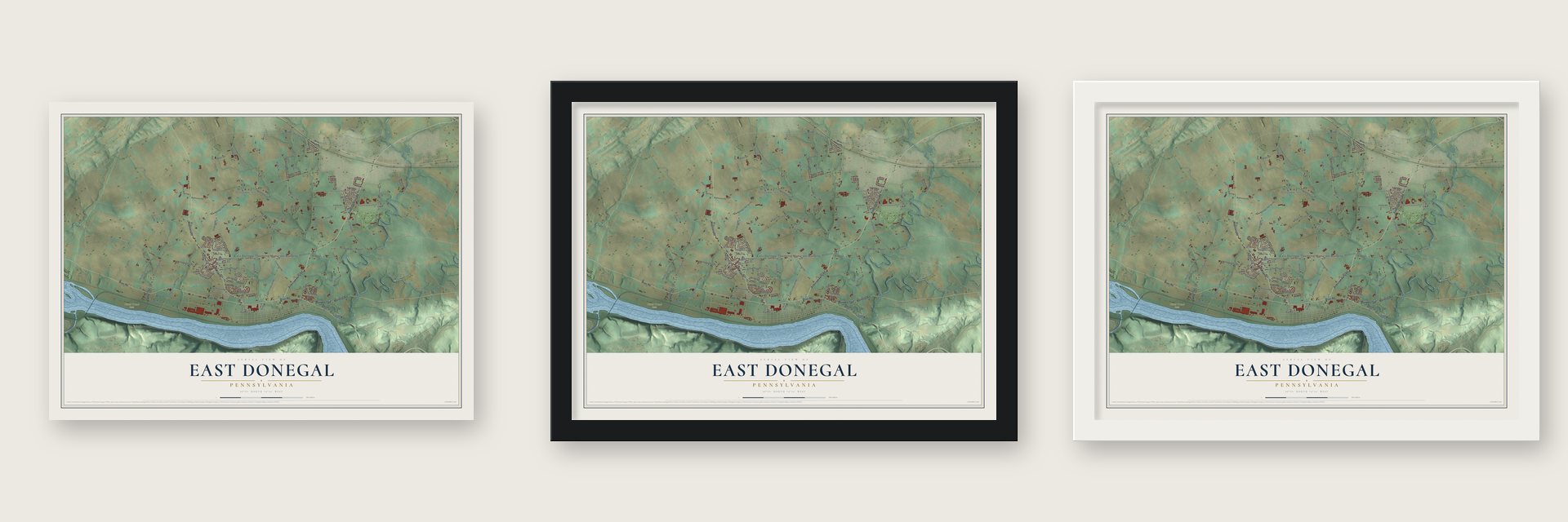 East Donegal, Pennsylvania map unframed, in a black wood frame and in a white wood frame