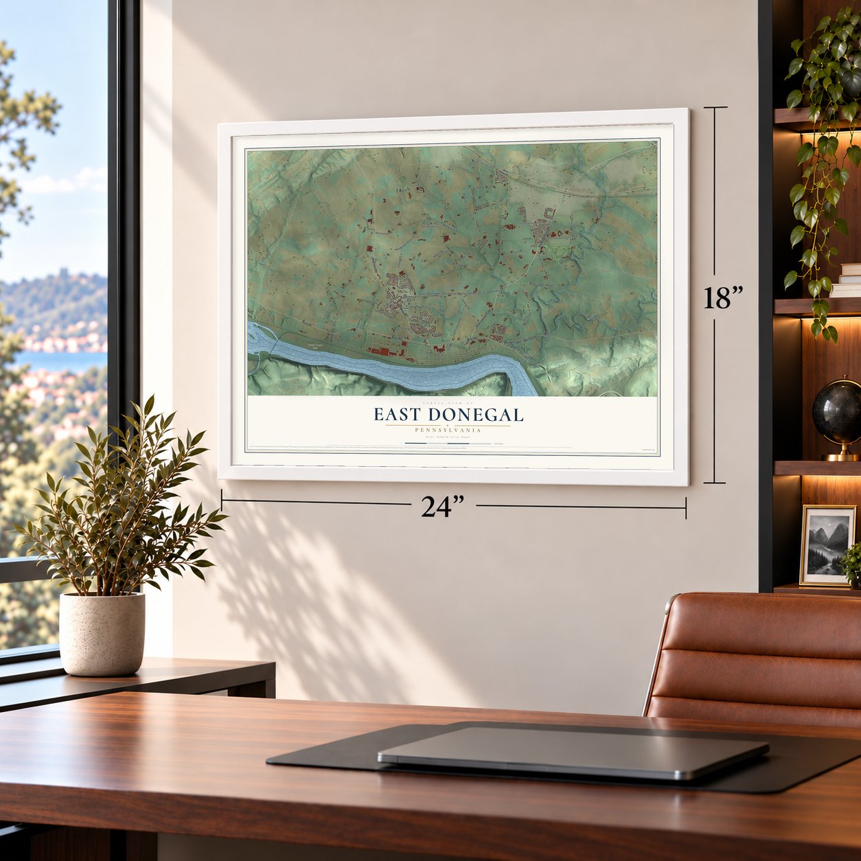 East Donegal, Pennsylvania map, 18 x 24 inch print in a white frame in a home office