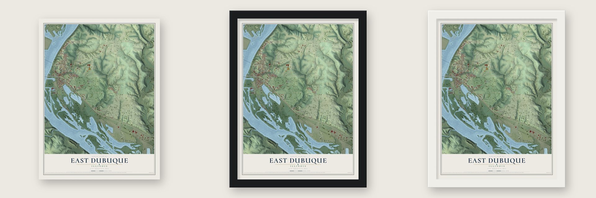 East Dubuque, Illinois map unframed, in a black wood frame and in a white wood frame