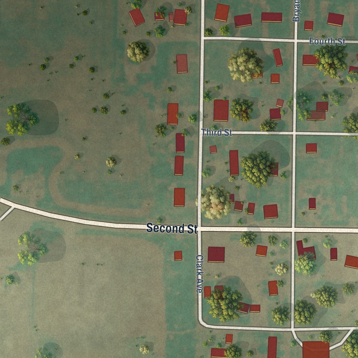 Second close-up of the map of East Duke, Oklahoma print showing more streets and buildings