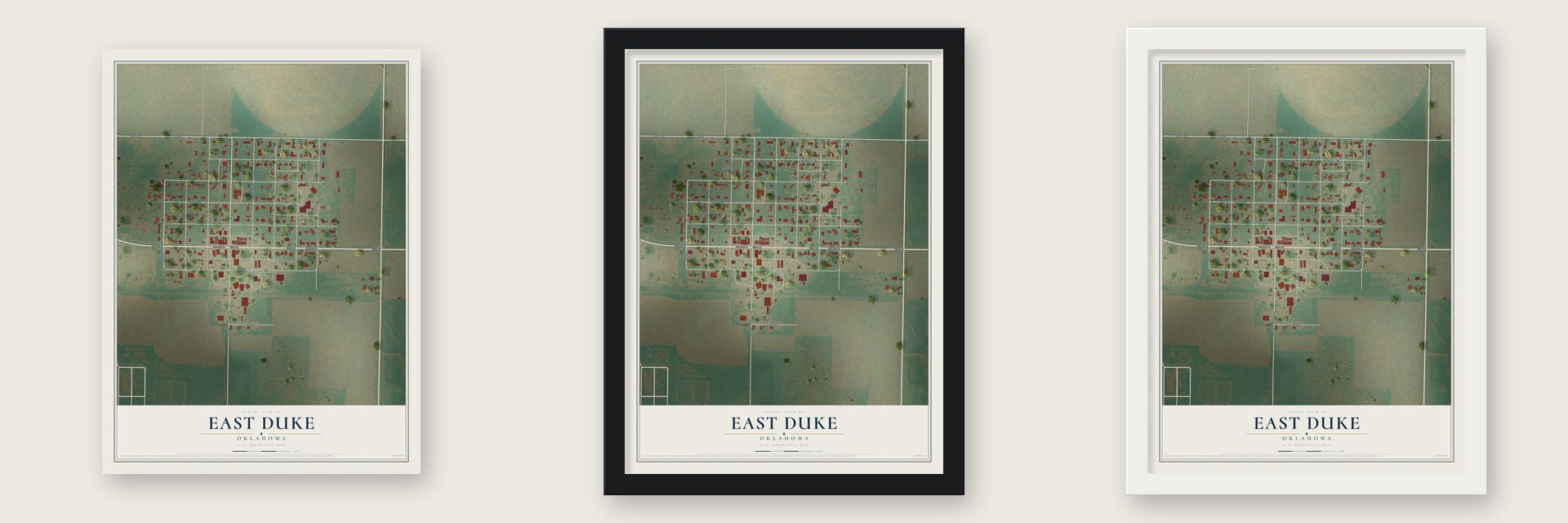 East Duke, Oklahoma map unframed, in a black wood frame and in a white wood frame