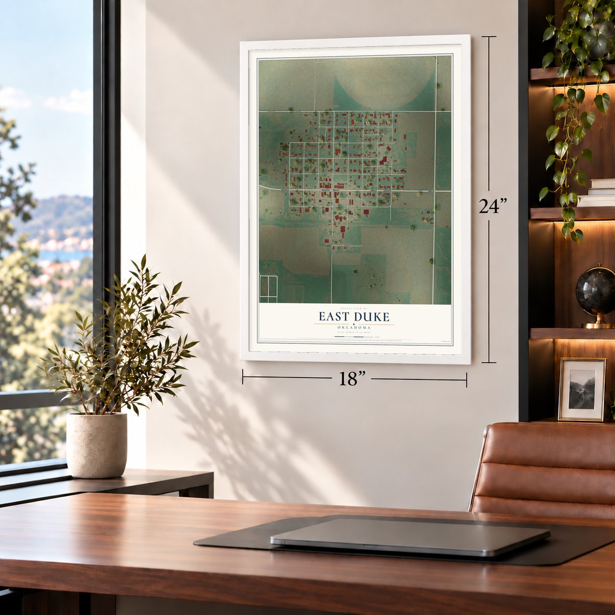 East Duke, Oklahoma map, 18 x 24 inch print in a white frame in a home office