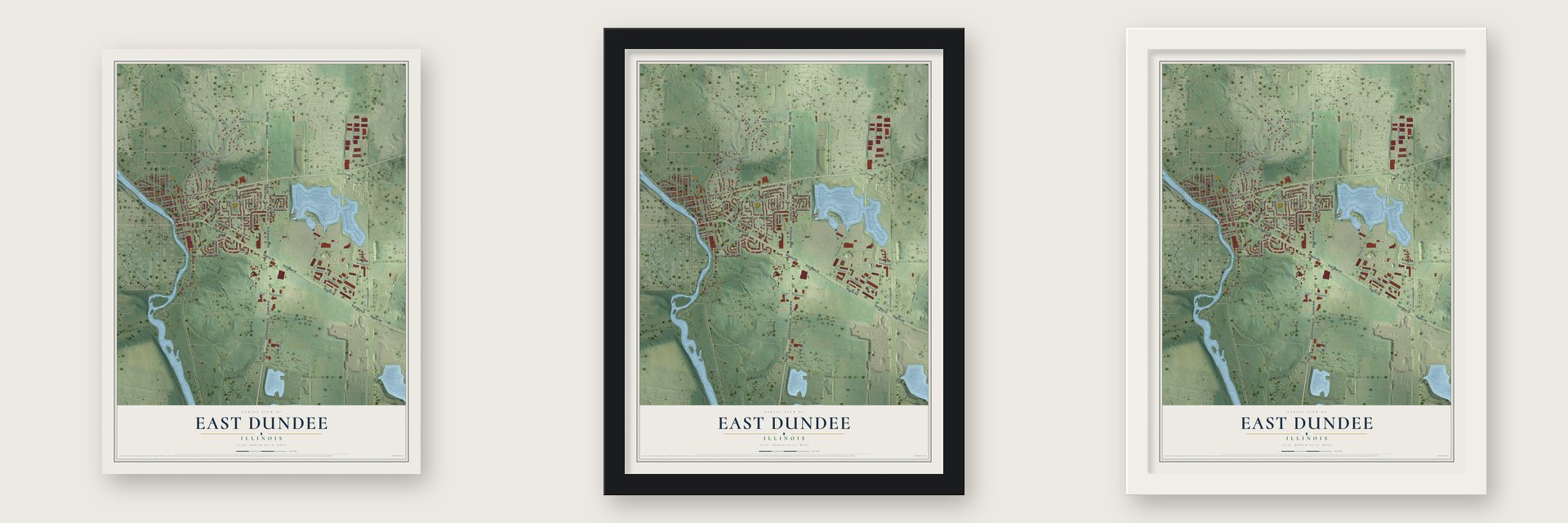 East Dundee, Illinois map unframed, in a black wood frame and in a white wood frame