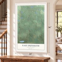 East Dunseith, North Dakota map, 24 x 36 inch print in a white frame by a staircase