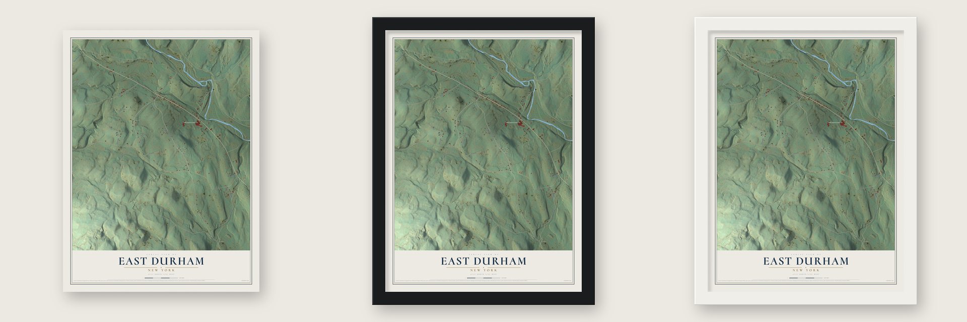 East Durham, New York map unframed, in a black wood frame and in a white wood frame