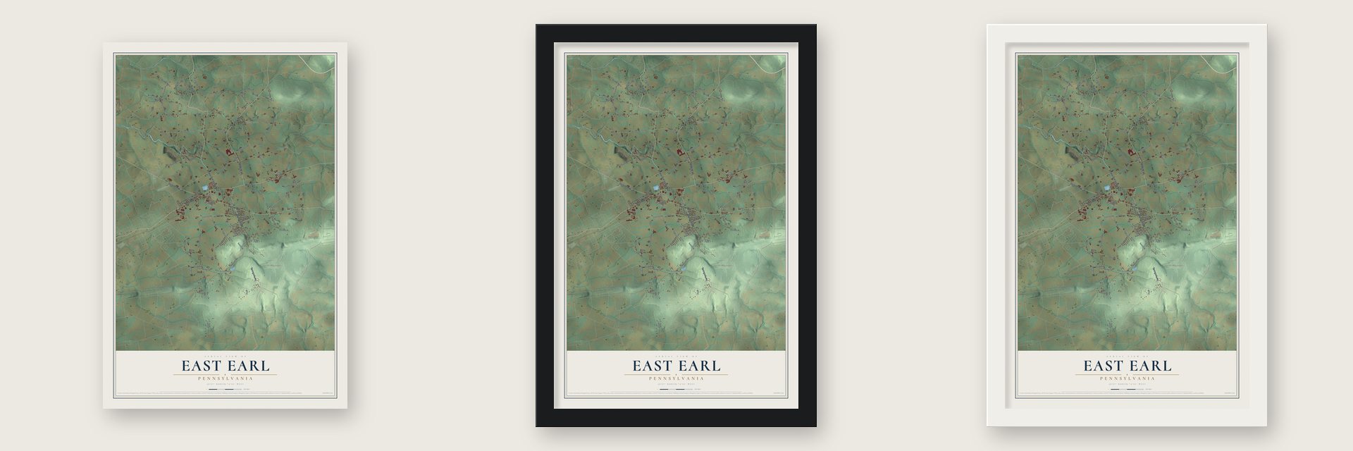 East Earl, Pennsylvania map unframed, in a black wood frame and in a white wood frame