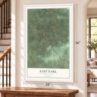 East Earl, Pennsylvania map, 24 x 36 inch print in a white frame by a staircase