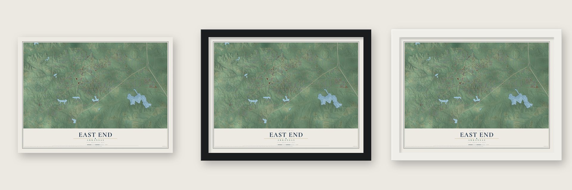 East End, Arkansas map unframed, in a black wood frame and in a white wood frame