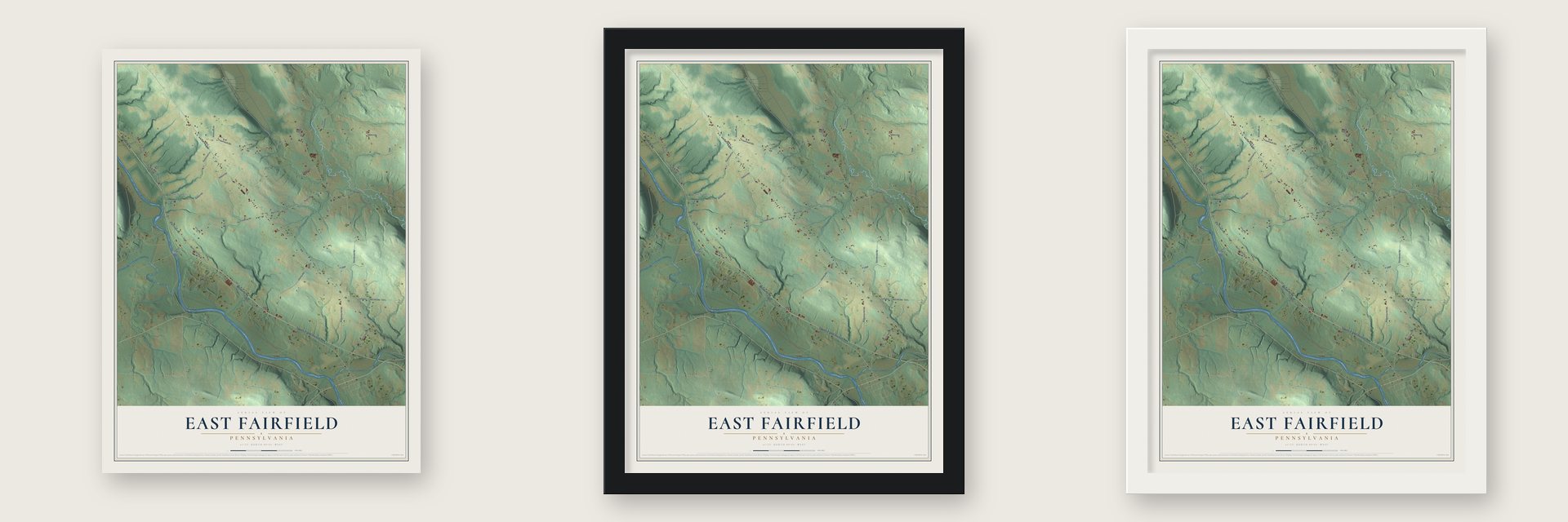 East Fairfield, Pennsylvania map unframed, in a black wood frame and in a white wood frame