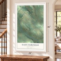 East Fairfield, Pennsylvania map, 24 x 36 inch print in a white frame by a staircase