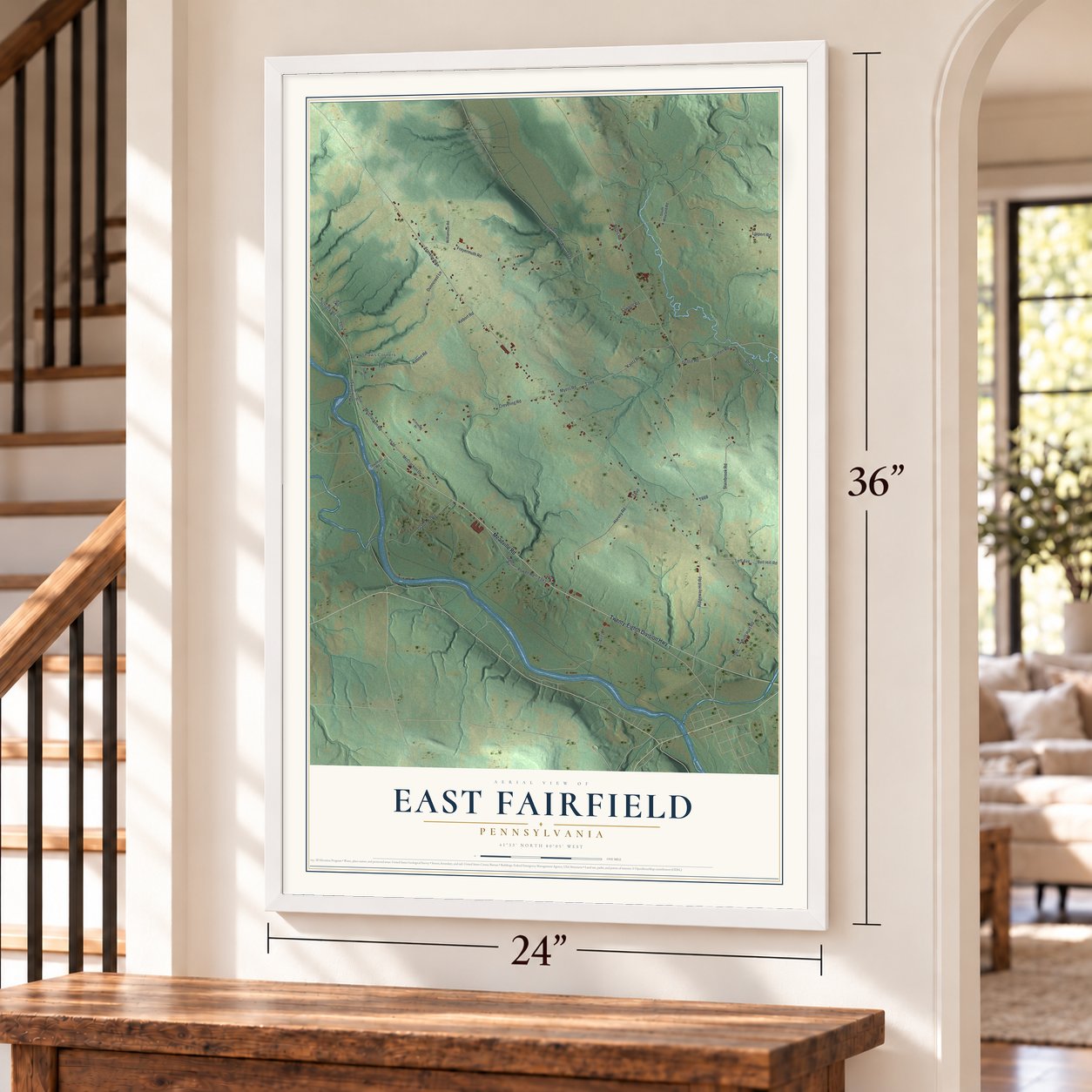 East Fairfield, Pennsylvania map, 24 x 36 inch print in a white frame by a staircase