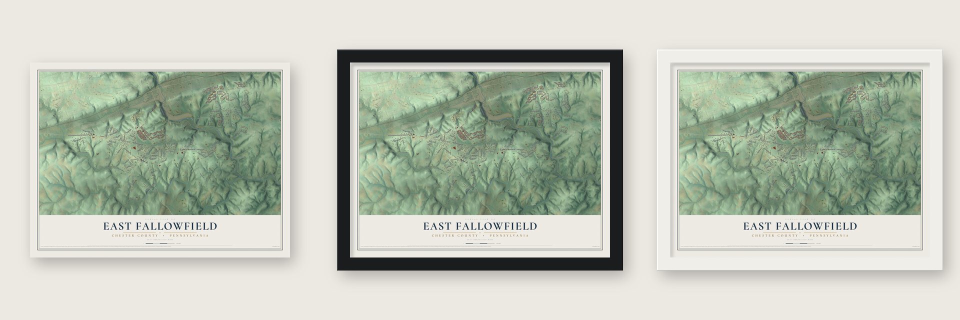 East Fallowfield, Chester County, Pennsylvania map unframed, in a black wood frame and in a white wood frame