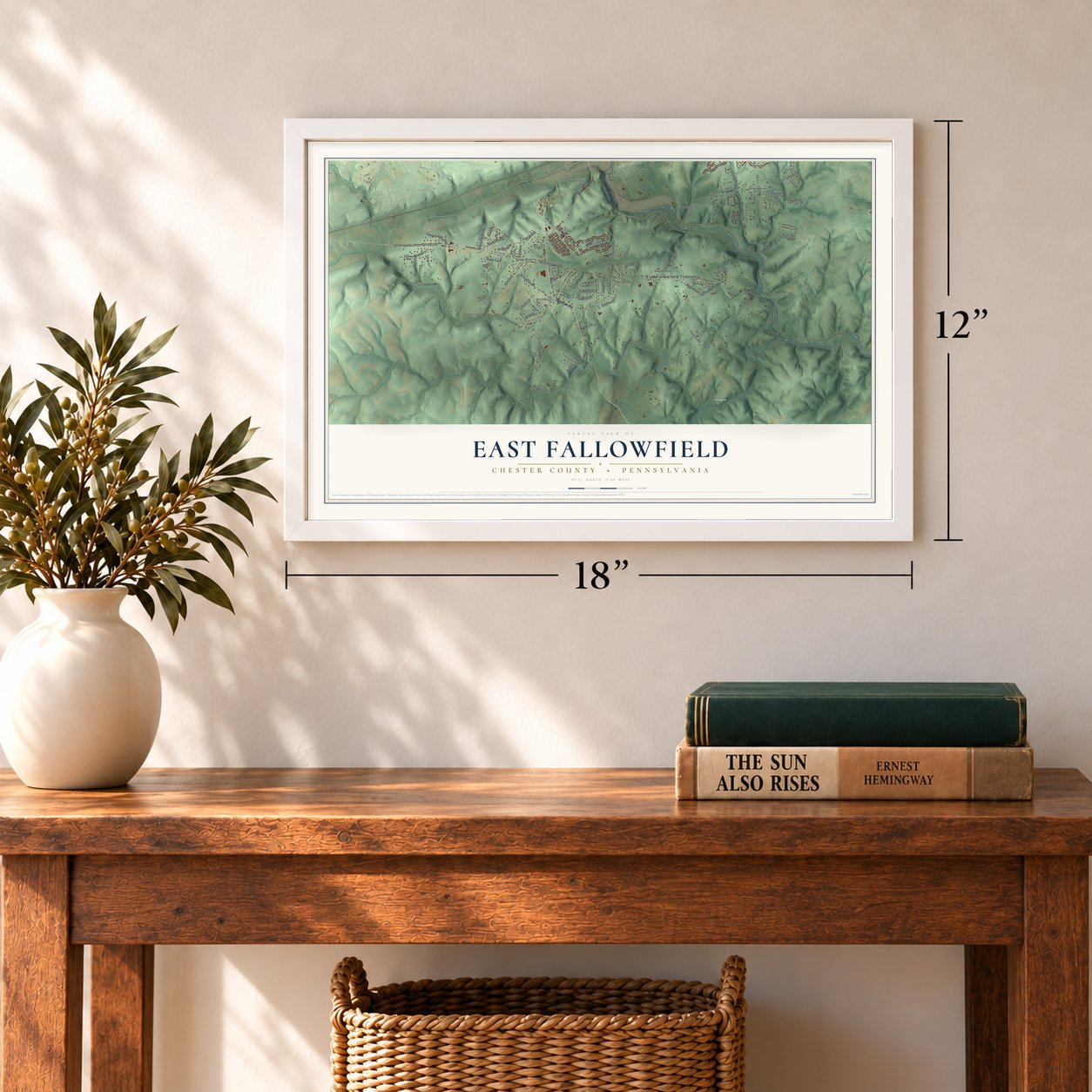 East Fallowfield, Chester County, Pennsylvania map, 12 x 18 inch print in a white frame in an entryway