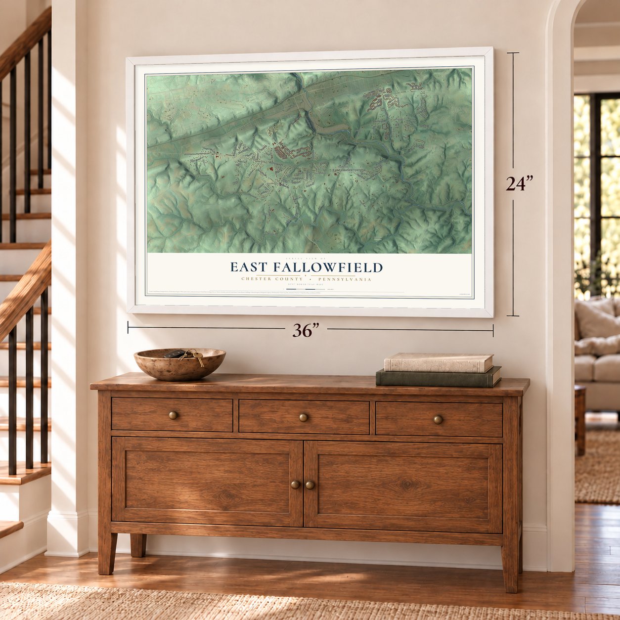 East Fallowfield, Chester County, Pennsylvania map, 24 x 36 inch print in a white frame above a dresser by a staircase