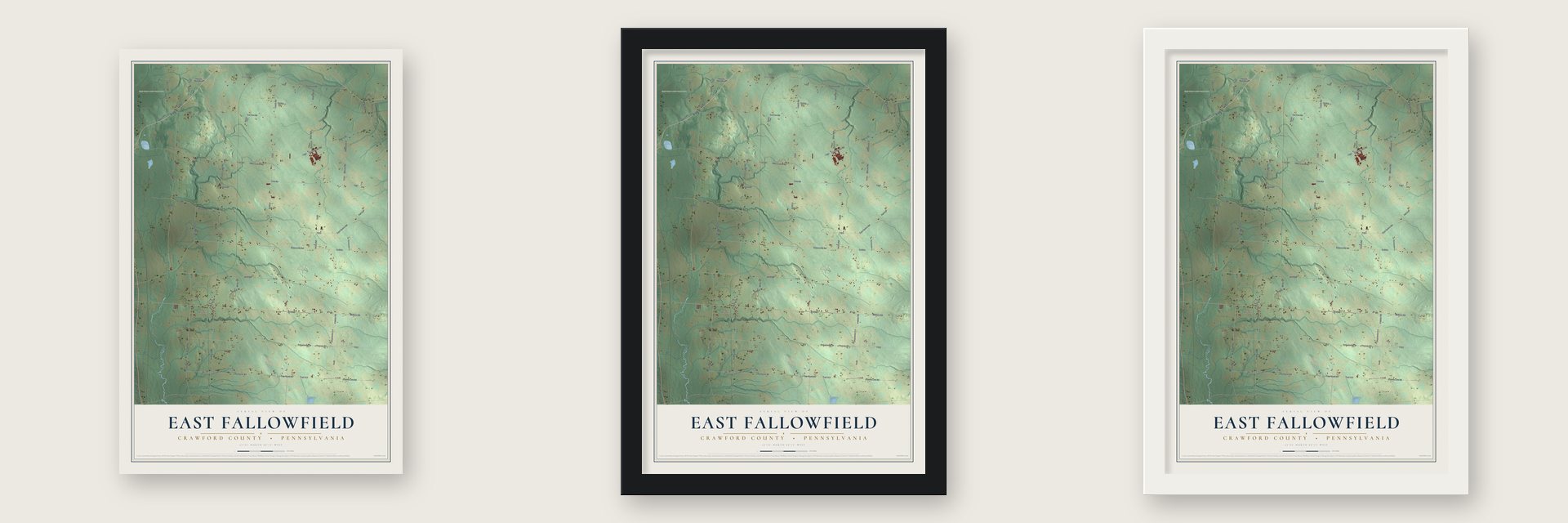 East Fallowfield, Crawford County, Pennsylvania map unframed, in a black wood frame and in a white wood frame