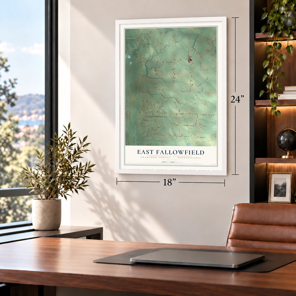 East Fallowfield, Crawford County, Pennsylvania map, 18 x 24 inch print in a white frame in a home office