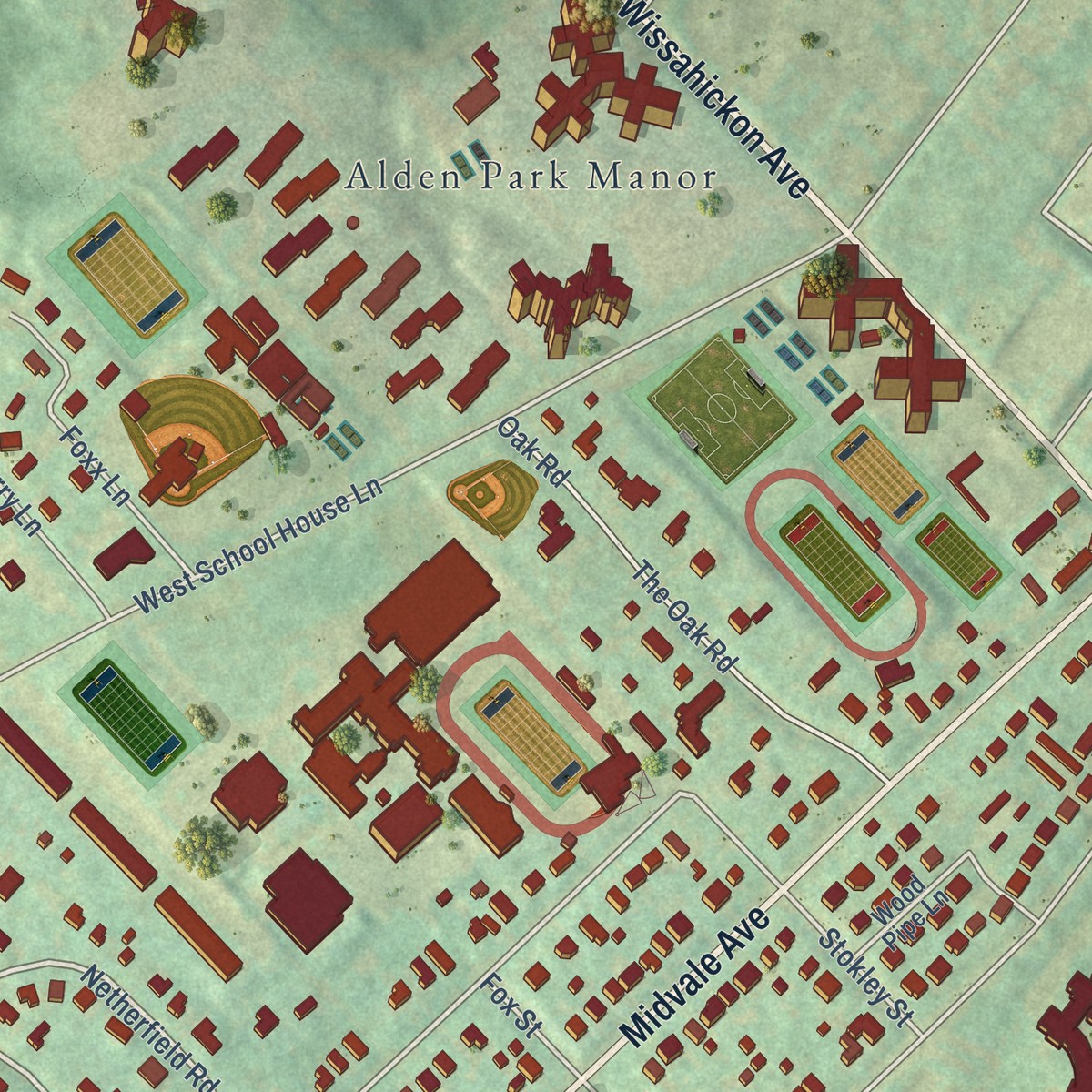 Second close-up of the map of East Falls, Pennsylvania print showing more streets and buildings