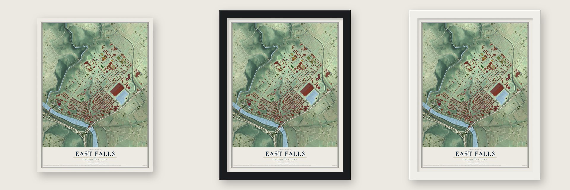 East Falls, Pennsylvania map unframed, in a black wood frame and in a white wood frame