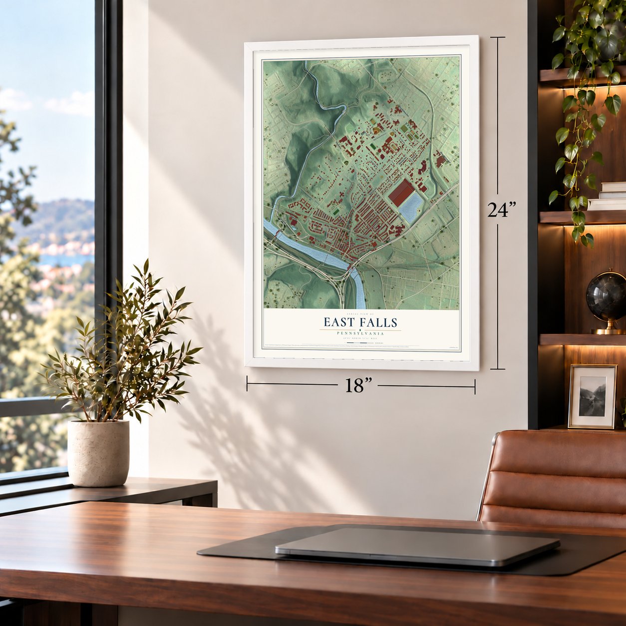 East Falls, Pennsylvania map, 18 x 24 inch print in a white frame in a home office