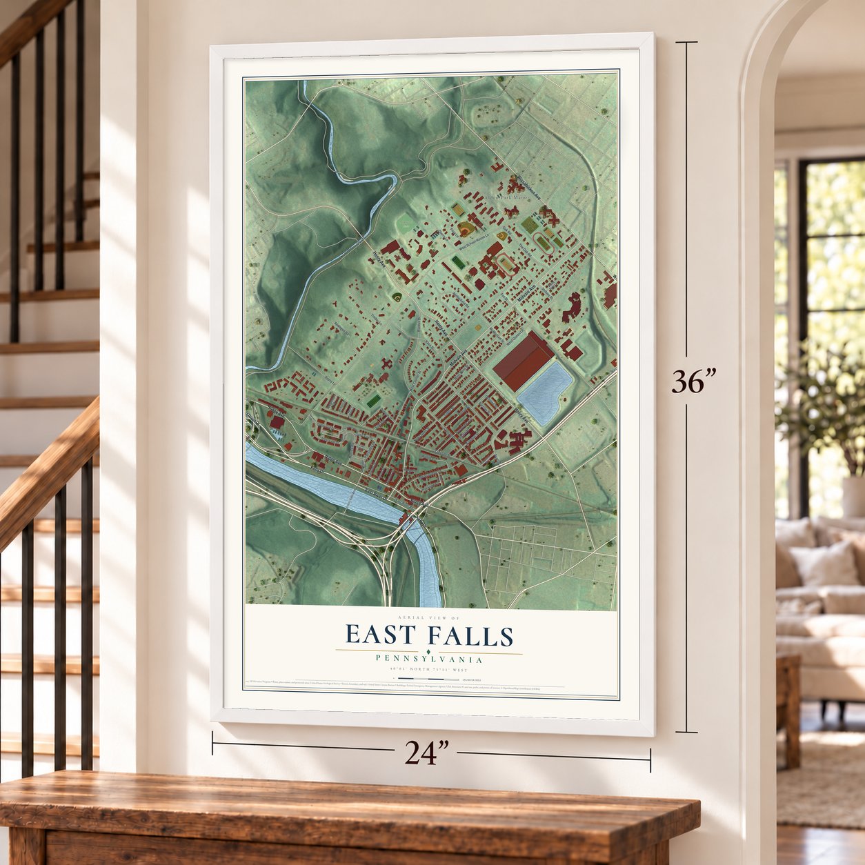 East Falls, Pennsylvania map, 24 x 36 inch print in a white frame by a staircase