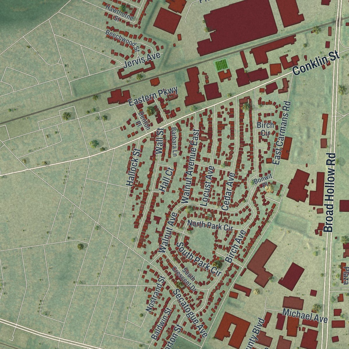 Second close-up of the map of East Farmingdale, New York print showing more streets and buildings