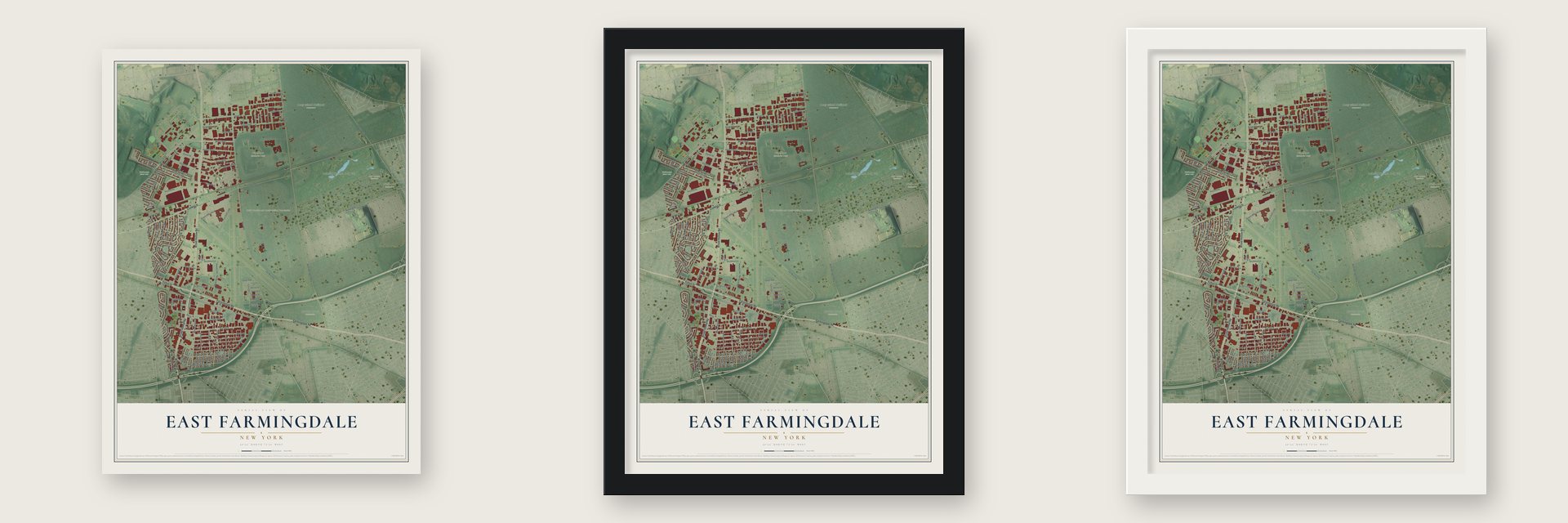 East Farmingdale, New York map unframed, in a black wood frame and in a white wood frame