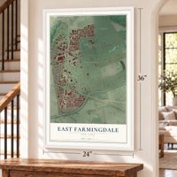 East Farmingdale, New York map, 24 x 36 inch print in a white frame by a staircase