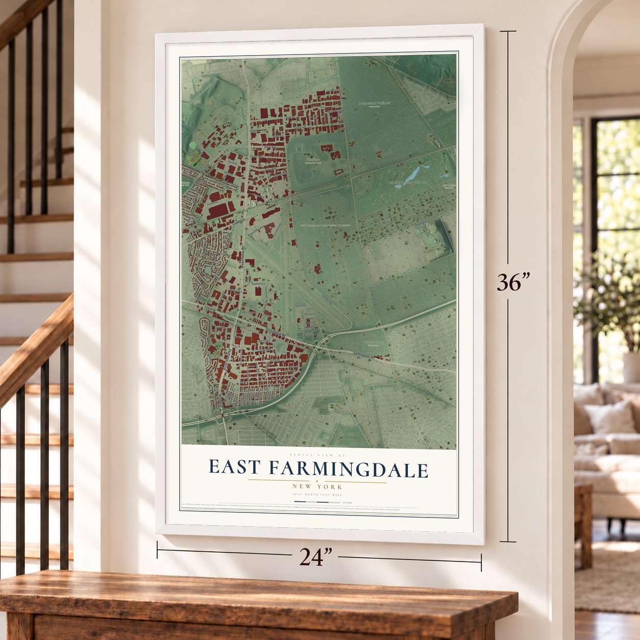East Farmingdale, New York map, 24 x 36 inch print in a white frame by a staircase