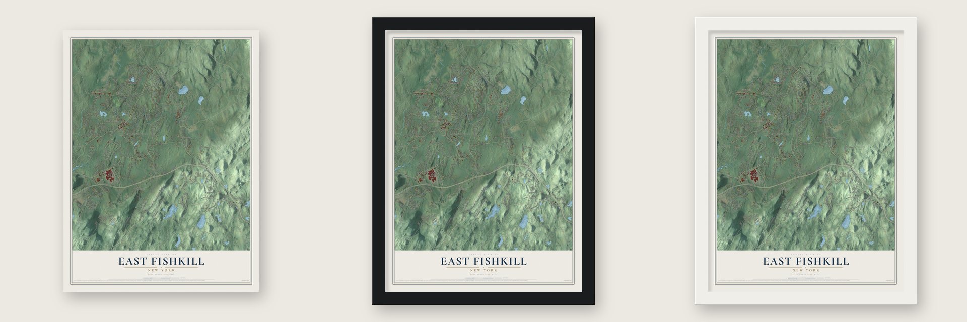 East Fishkill, New York map unframed, in a black wood frame and in a white wood frame