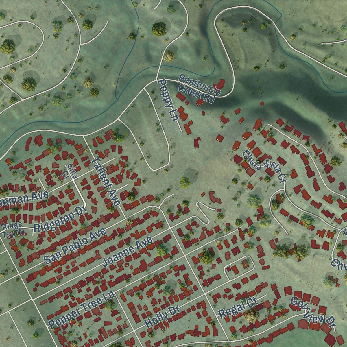 Second close-up of the map of East Foothills, California print showing more streets and buildings