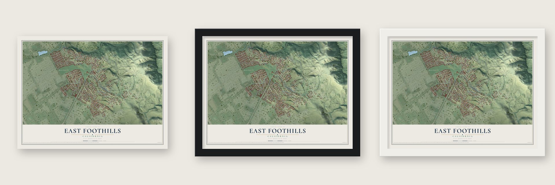 East Foothills, California map unframed, in a black wood frame and in a white wood frame