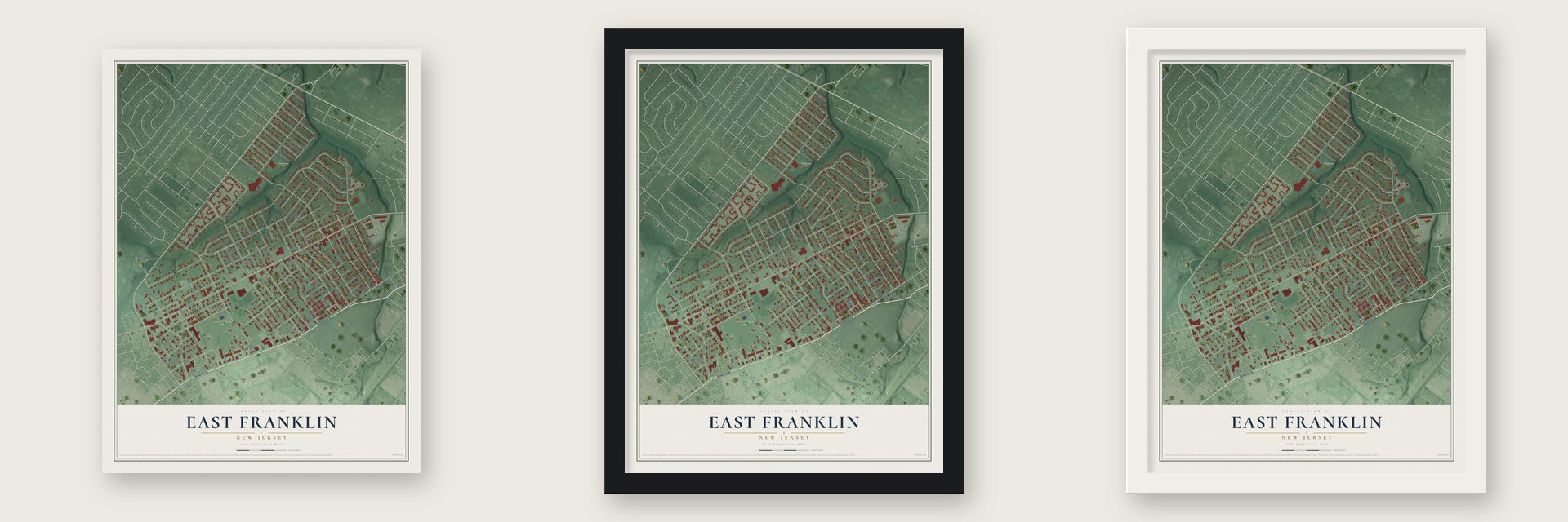 East Franklin, New Jersey map unframed, in a black wood frame and in a white wood frame