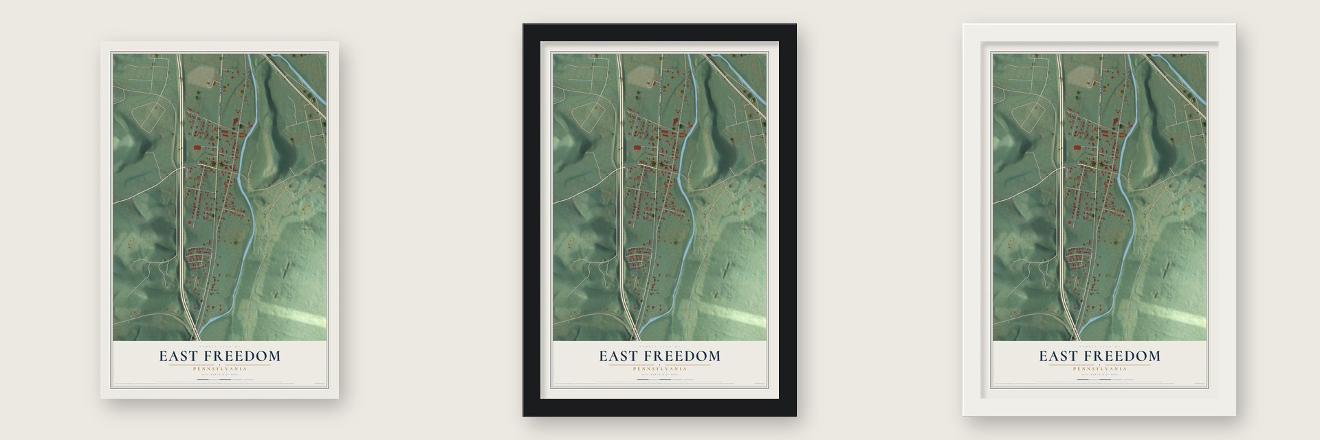 East Freedom, Pennsylvania map unframed, in a black wood frame and in a white wood frame