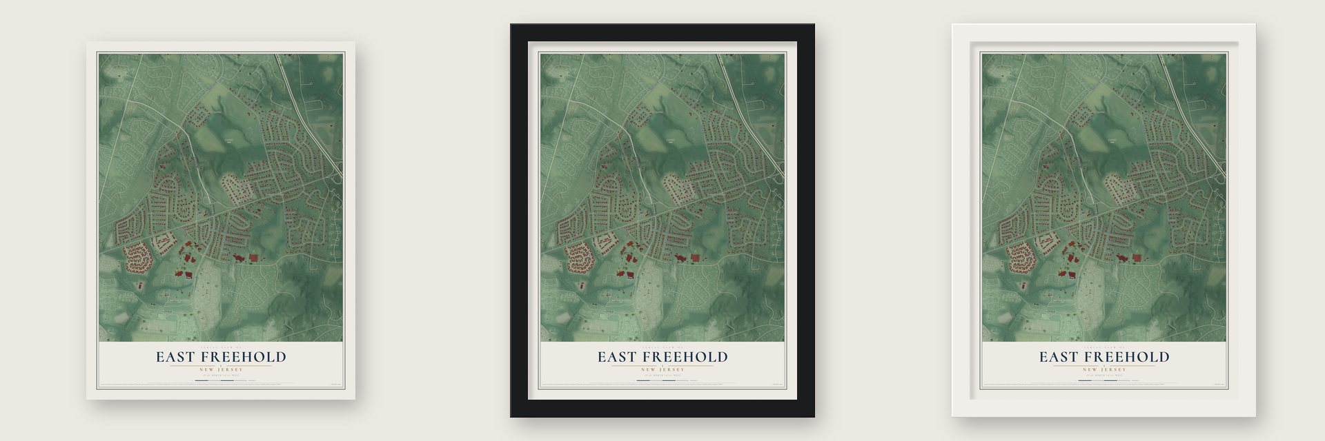 East Freehold, New Jersey map unframed, in a black wood frame and in a white wood frame
