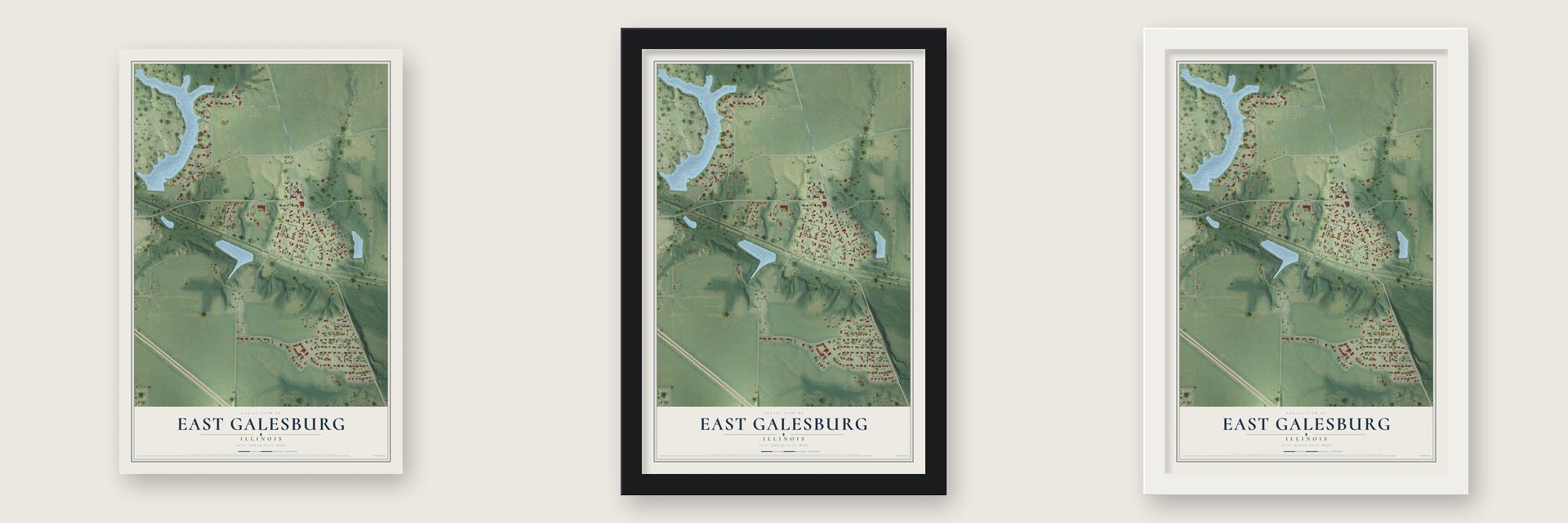 East Galesburg, Illinois map unframed, in a black wood frame and in a white wood frame