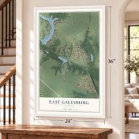 East Galesburg, Illinois map, 24 x 36 inch print in a white frame by a staircase