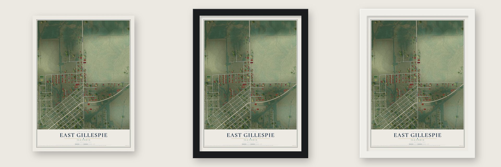 East Gillespie, Illinois map unframed, in a black wood frame and in a white wood frame