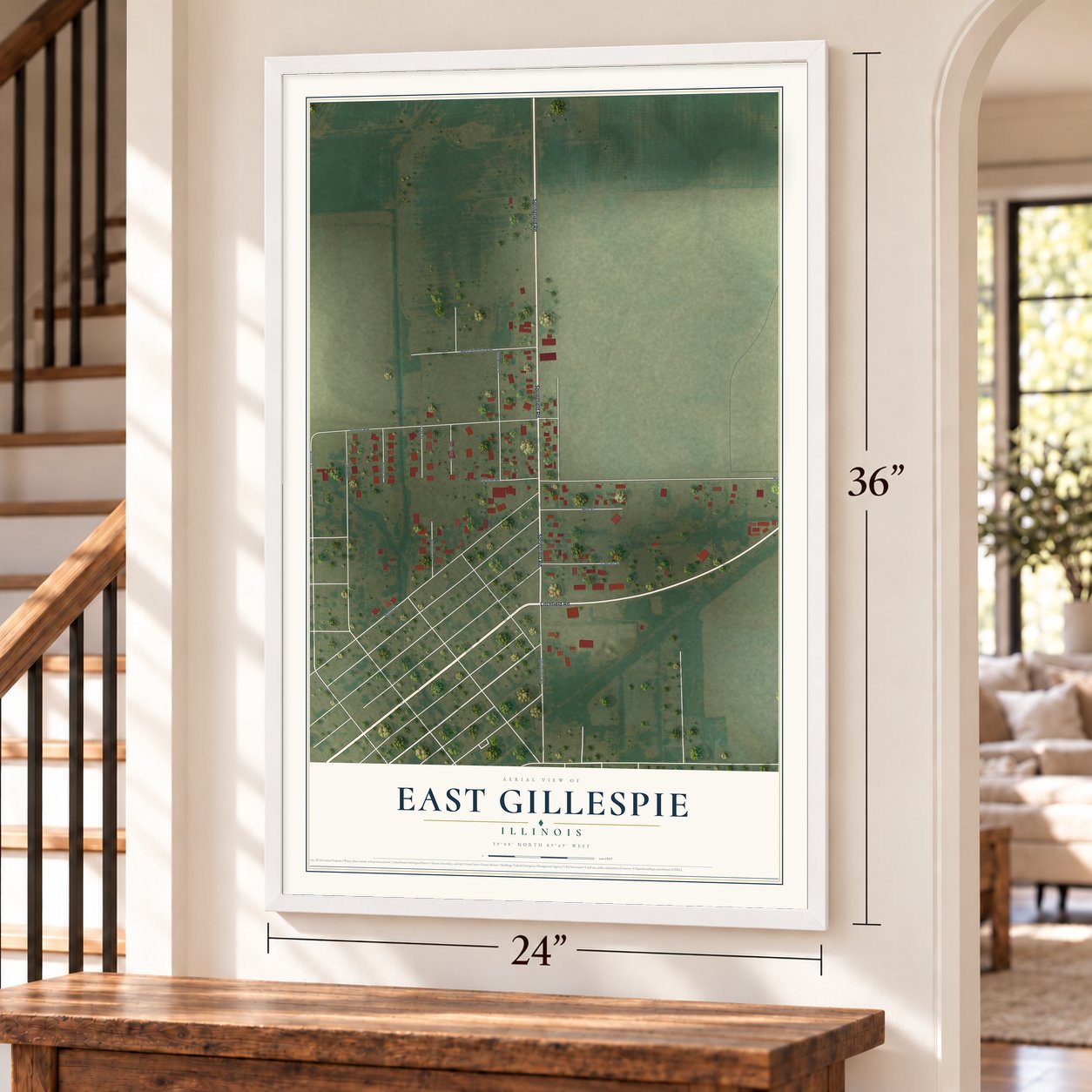 East Gillespie, Illinois map, 24 x 36 inch print in a white frame by a staircase