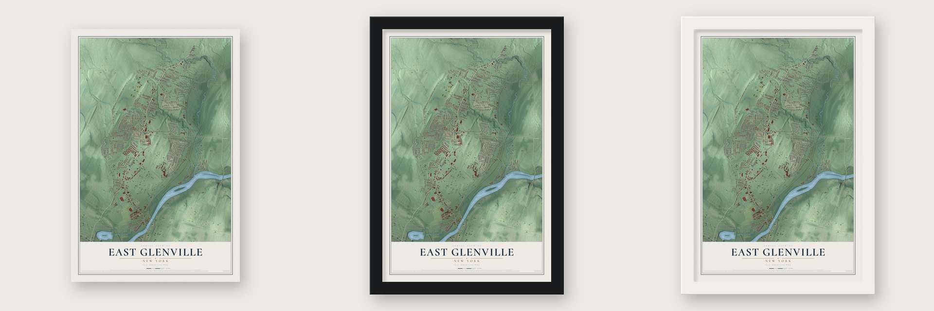 East Glenville, New York map unframed, in a black wood frame and in a white wood frame