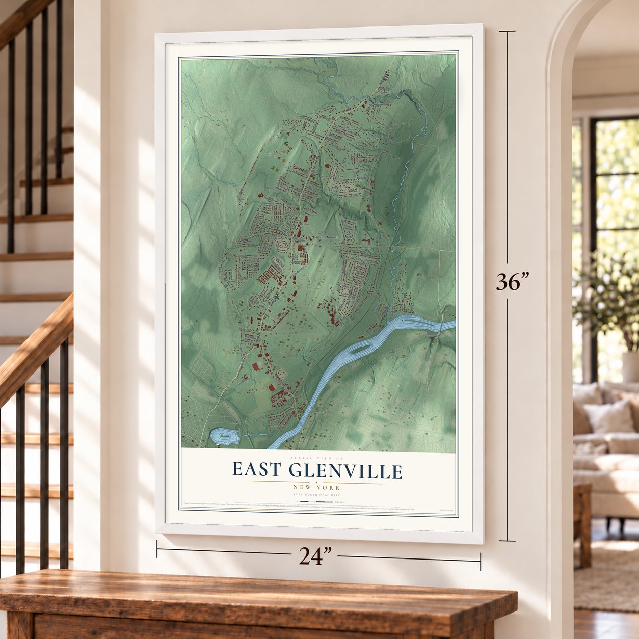 East Glenville, New York map, 24 x 36 inch print in a white frame by a staircase